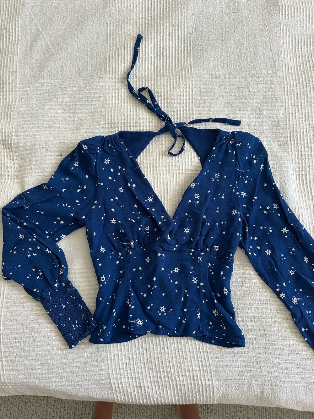Reformation Star Print Long Sleeve Halter Top Size 4 Blue
